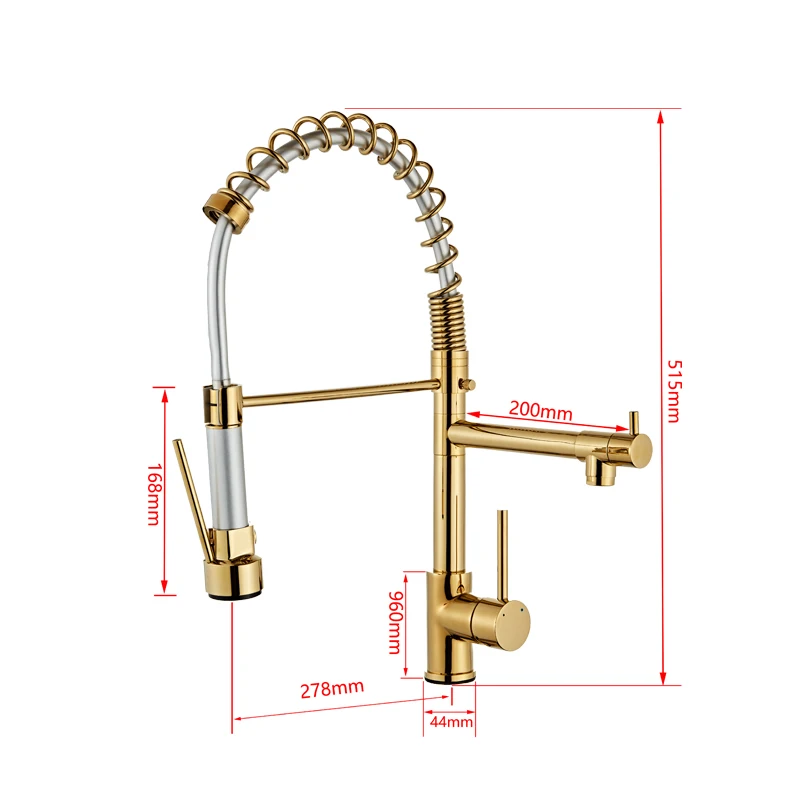 Золотой хромированный пружинный выдвижной кухонный кран с двумя носиками, вращение на 360, одна ручка, кухонный смеситель, два выхода, кухонные краны