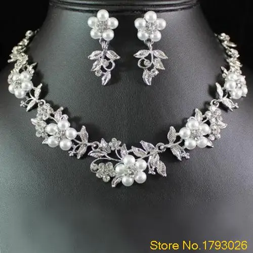 

AUSTRIAN RHINESTONE CRYSTAL NECKLACE EARRINGS BRIDAL FLORAL PEARL Jewelry SET 4T6A