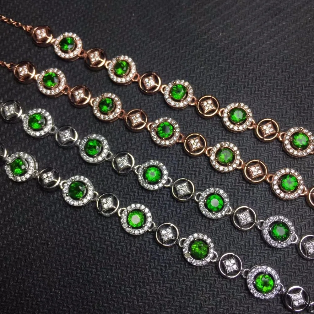 

Браслет естественный диопсид, инкрустация серебром 925 пробы, уникальный стиль, можно регулировать по размеру. Зеленый драгоценный камень