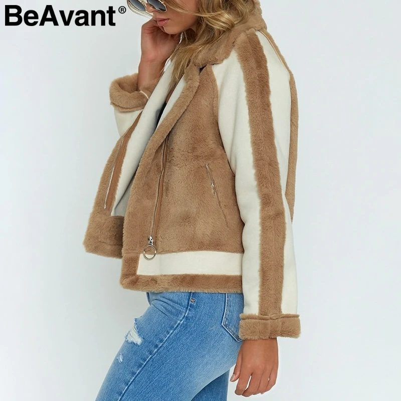 BeAvant Warm khaki fur winter woman coat 2018 Zipper pocket faux fur jacket coat women casual patchwork suede outerwear autumn