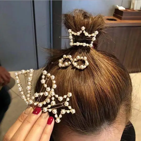 

2019 Korea Imitation Pearl Hairpins Geometric Round Heart Hairclips Metal Gold Flower Hair Clips for Women Hair Accessories