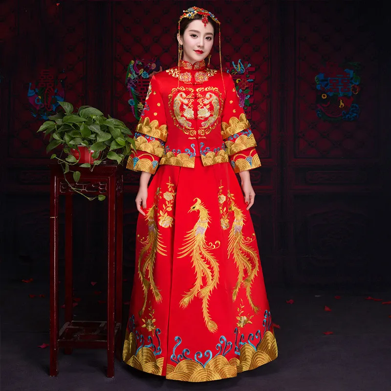

Noble Red Chinese Style Wedding Party Qipao Spring New Elegant Bride Toast Dress Vintage Long Embroidery Phoenix Cheongsam