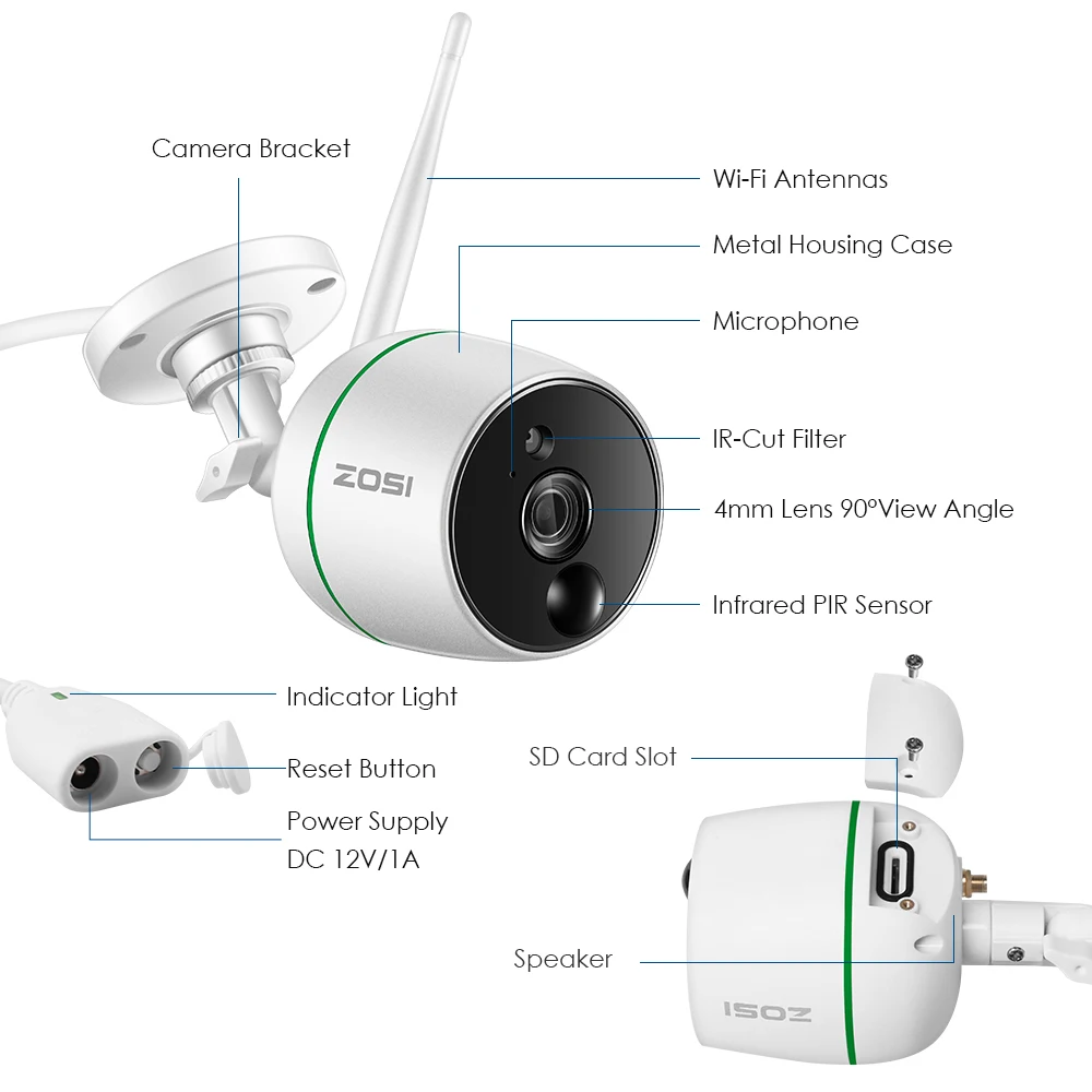 ZOSI Full HD 1080P WiFi ip-камера, наружная Водонепроницаемая беспроводная ip-камера наблюдения, PIR датчики движения, Двусторонняя аудио