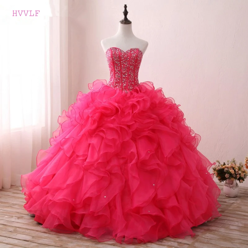 Red Puffy 2019 Cheap Quinceanera Dresses Ball Gown Sweetheart Organza