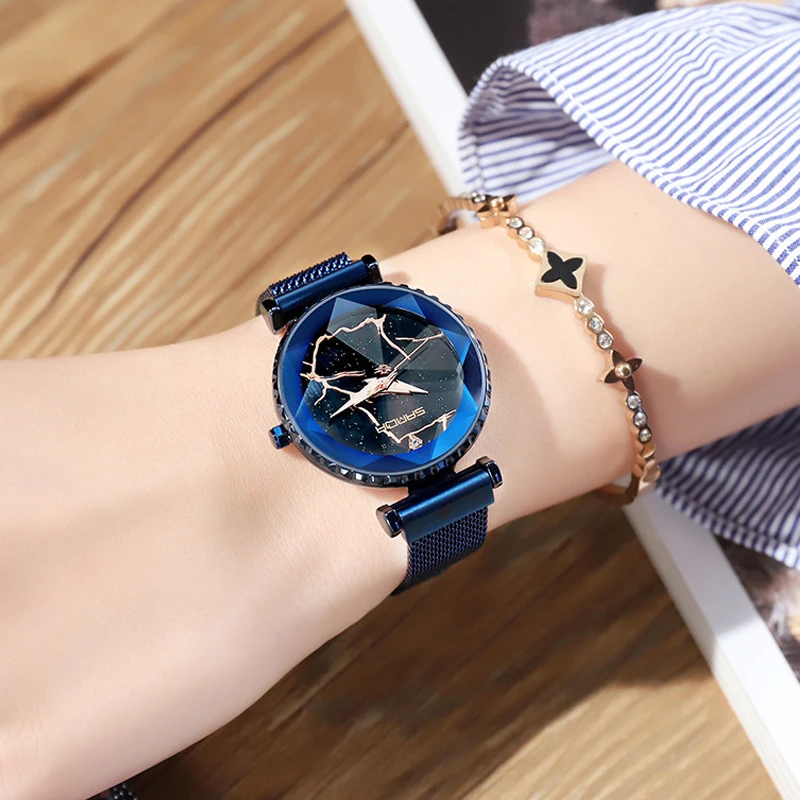 

2019 Luxury Magnet Women Watches Gold Dress Bracelet Crystal Quartz Ladies Watch Starry Sky Female Steel Clock relogio feminino