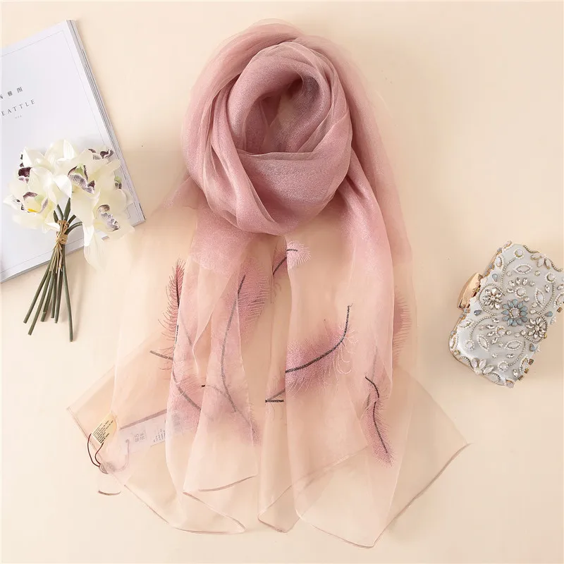 

luxury brand 2019 women scarf summer fashion Feather Embroidery silk scarves wool lady pashmina shawls bandanas female wraps