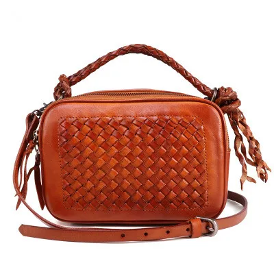 

2019 novelty women small genuine leather woven bag female real cow leather brown one shoulder bag summer messenger bag