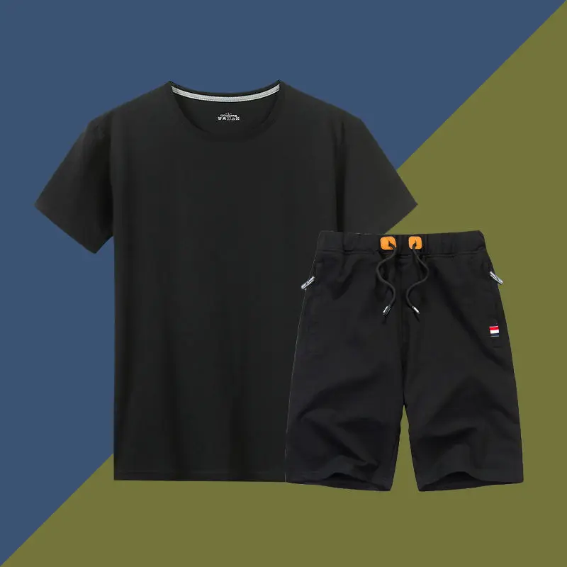 5XL, летние комплекты с шортами, мужские повседневные Костюмы, хлопковая спортивная одежда, спортивный костюм, мужская верхняя одежда, свитшоты, толстовки размера плюс, одноцветная футболка+ штаны - Цвет: B-B