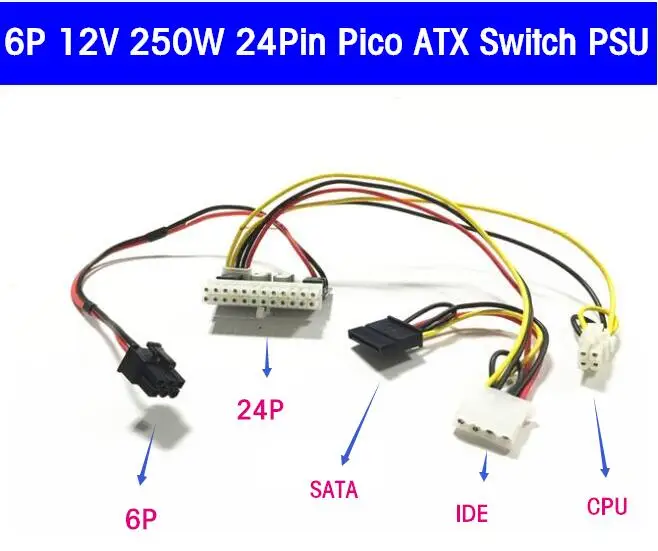 

Hot Sale PCI-e 6pin 6P 6Pin DC 12V 250W 24Pin Pico ATX Switch PSU Car Auto Mini ITX High Power Supply Module 6pin to 24pin 24P
