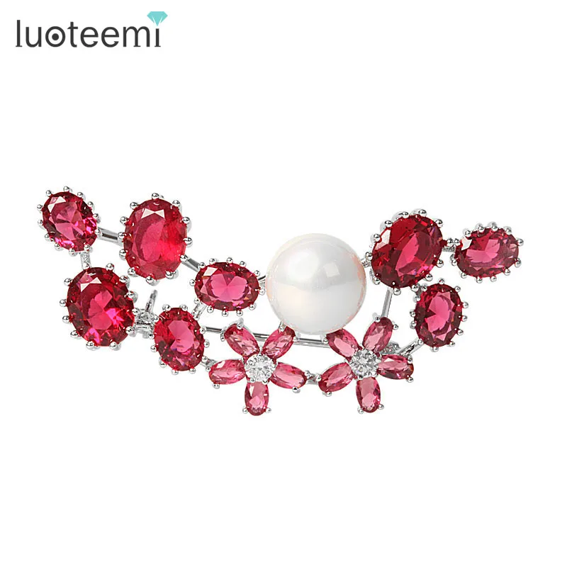 LUOTEEMI Brand New Arrival Copper Alloy Rhinestone Flower Brooches Pins Women Girl Gift Wedding Brooch Rhodium