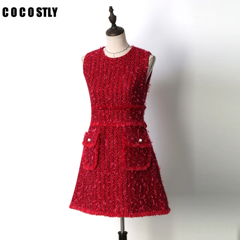 Для женщин Красный твидовое Платье-футляр с кайма деталь осеннее облегающее платье, зимнее платье, Для женщин мини-платье