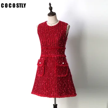 

Women Red Tweed Sheath Dress With Fringe Tape Detail Autumn Bodycon Dress Winter Dress Women 2018 Mini Dress