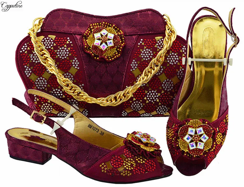 

Hot sale wine party African med heel sandal shoes matching with handbag set MM1073 heel height 3.5cm