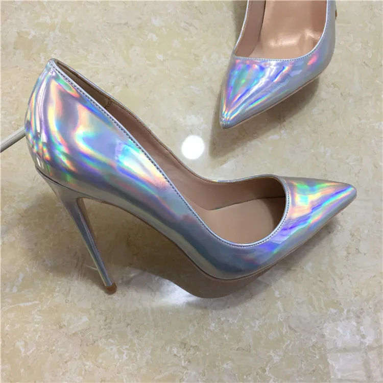 Брендовые модные новые элегантные тонкие туфли с острым носком на высоком каблуке серебристого цвета женские вечерние туфли на высоком каблуке 12 см