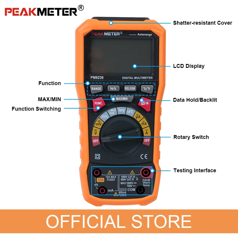 Kopen Officiële Peakmeter PM8236 Auto Manual Range Digitale Multimeter Met Trms 1000V Temperatuur Capaciteit Frequentie Test