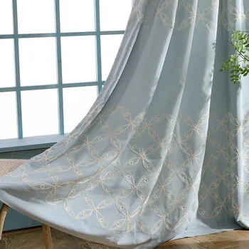 

Blue Champagne Embroidered Silk Curtains French Window Floral Pastoral for Living Room Tulle Curtain Kitchen Bedroom