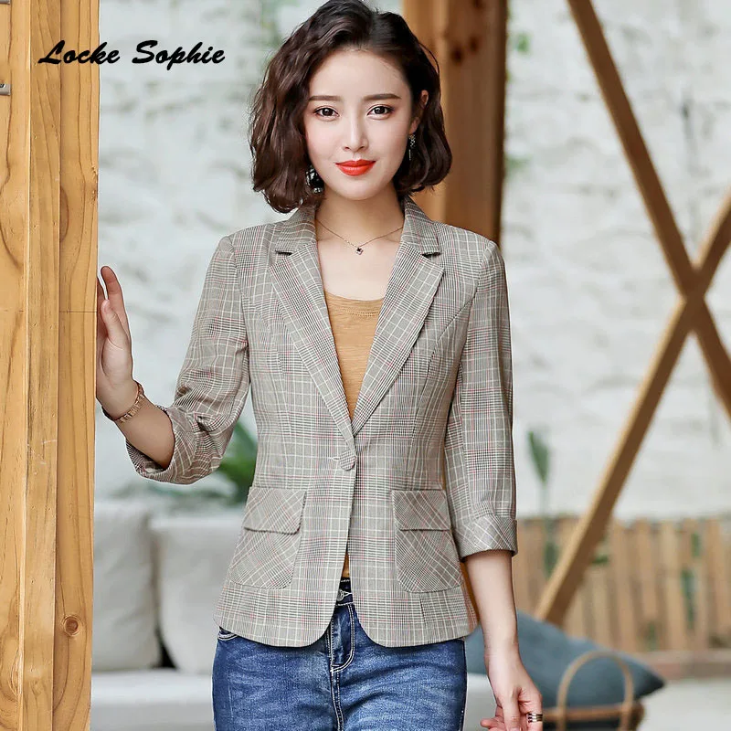 Women Plus size Blazers coats 2019 Summer cotton blend Single buckle plaid Small Suits jackets ladies Skinny Blazers Suits coats