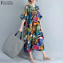 ZANZEA женское платье размера плюс, Летнее льняное платье с принтом, женское платье свободного покроя с рукавом, винтажные платья, повседневные платья