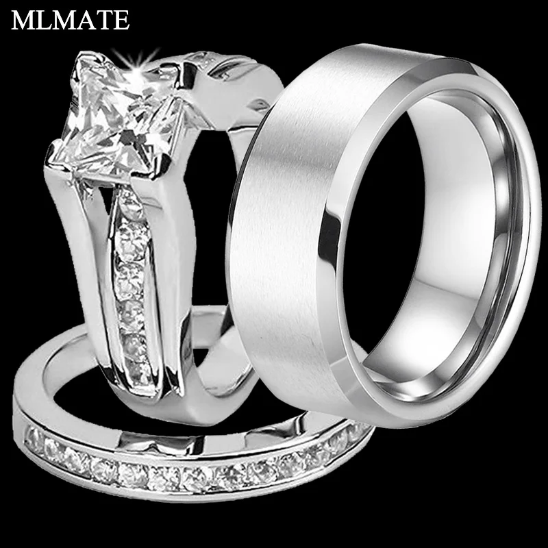 Princess Cut Cubic Zirconia Couples Rings Stainless Steel Wedding Ring Set for Women and Men Party Jewelry Wholesale