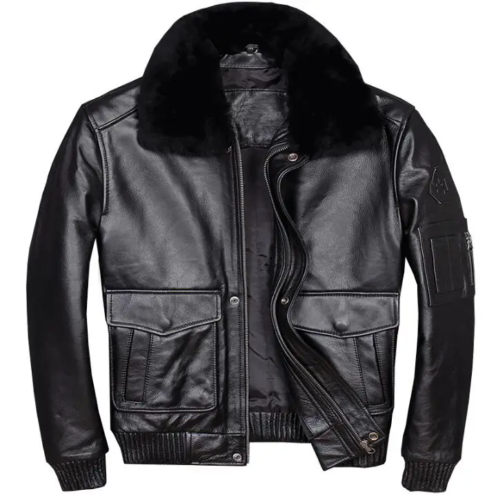 2022 Men Black USAF Pilot Leather Jacket Wool Collar Plus Size 3XL