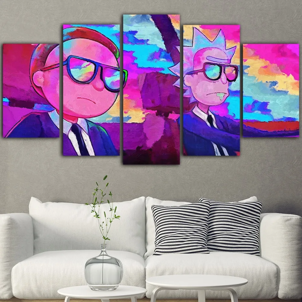 

5 Pieces Cartoon Poster Canvas Framework Decor Rick And Morty Painting Canvas Wall Art Anime Poster Prints Pictures