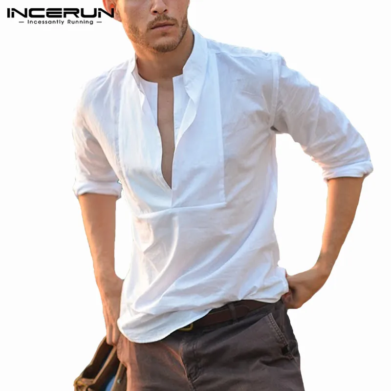 INCERUN модные повседневная мужская рубашка с длинным рукавом Slim Fit V образным вырезом Сексуальная рубашка для мужчин однотонные дышащие Camisa
