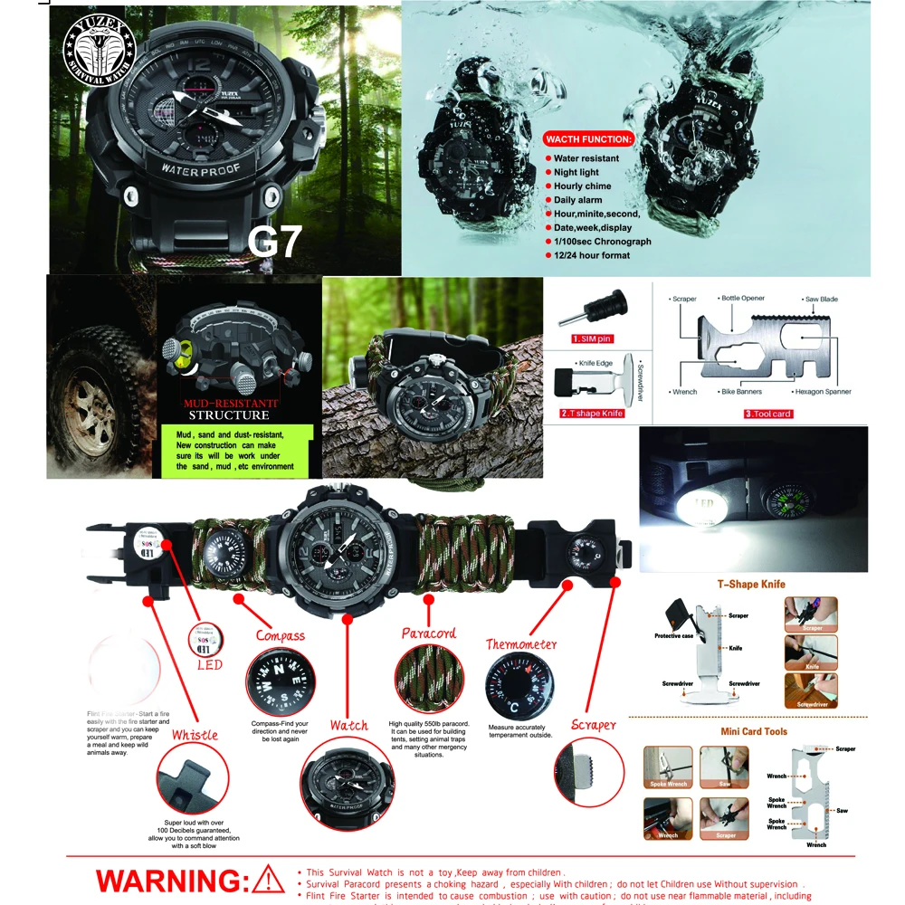 EDC Открытый выживания часы водонепроницаемый аварийное снаряжение Кемпинг-параккорд браслет с ножом компас свисток термометр аптечки