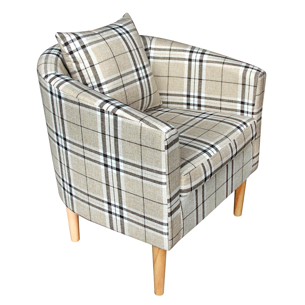 Tartan Plaid Check Linen Fabric Tub Chair Upholstered Seat Sofa Armchair Beige 