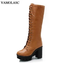 VAMOLASC New Women Autumn Winter Warm Leather Mid Calf Boots Zipper Square High Heel Boots Platform Women Shoes Plus Size 34-43