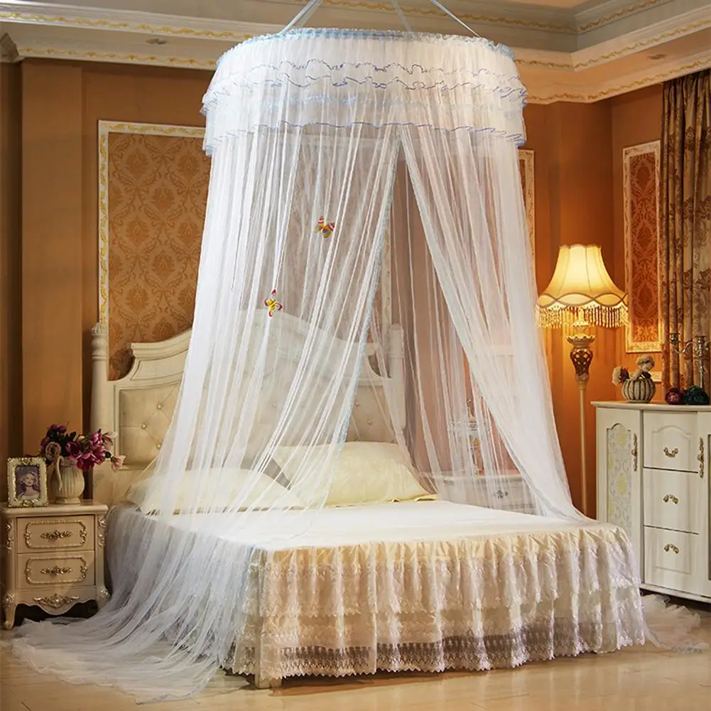 Детская кровать висячая Круглый купол москитная сетка Роскошная принцесса пасторальная кружевная кровать навес кроватка светящаяся бабочка москитная сетка - Цвет: White
