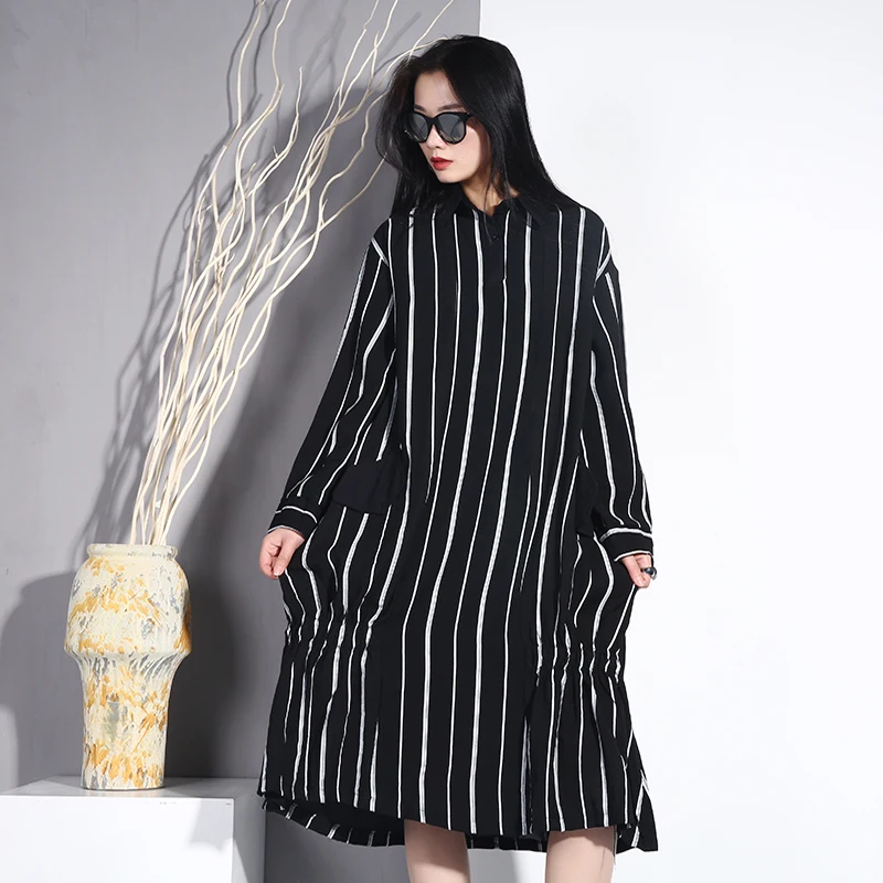 

LANMREM 2019 Striped Printed Contrast Color Elastic Hem Women's Shrt Type Dress Spring Loose Casual Yellow Black Clothes YG136