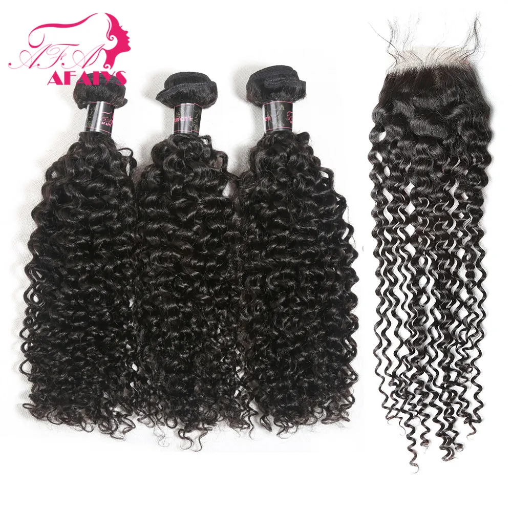 

AFAIYS Human Hair Bundles with Closure Kinky Curly Peruvian Remy Hair Curly Lace Closure with Human Hair Bundles Natural Color