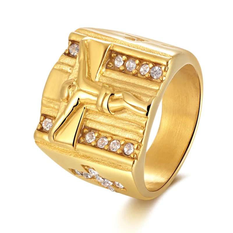 

Gold Color Titanium Ring Religion Jewelry Cross Jesus Ring Cubic Zirconia Ring Punk Mens Accessories