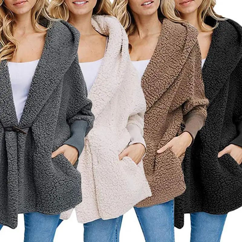 MISS M Autumn And Winter Faux Fur Warm Coat Women's Pocket Buckle Plush Hooded Jacket Female Thick Warm Fur Loose Overcoat Lady