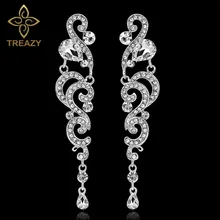 TREAZY Luxury Crystal Long Drop Earrings for Women Silver Color Hanging Chandelier Bridal Wedding Earrings Engagement Jewelry