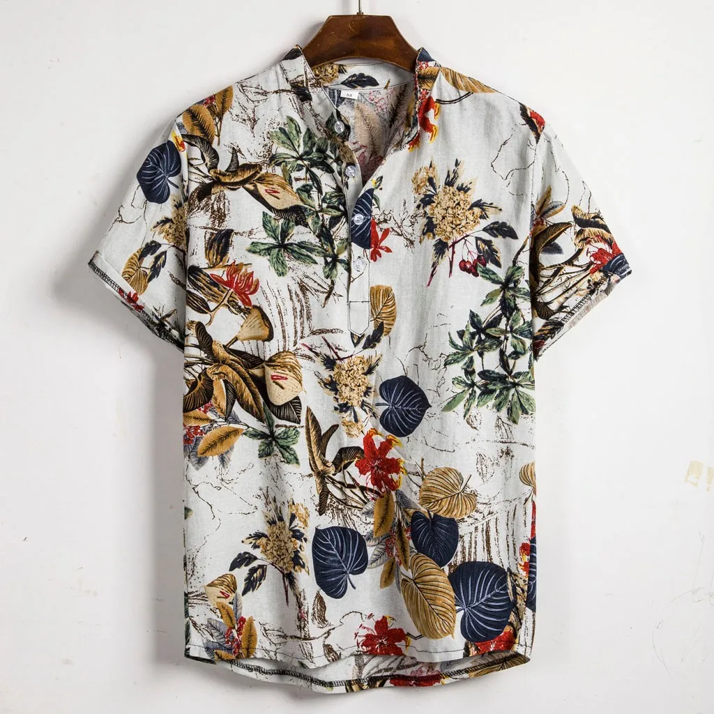 Top for Men Ethnic Hawaii Short Sleeve T-Shirt Casual Cotton Linen Printing Hawaiian Tee Shirt Lapel Button Tee M-5XL