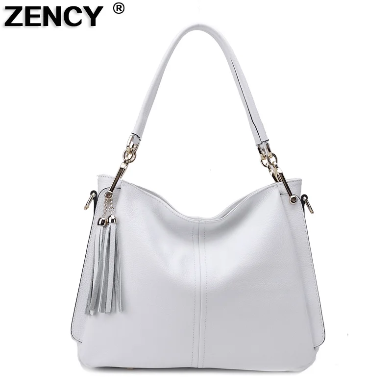 Couro de Vaca para Mulheres Bolsa de Ombro Zency Genuíno Borlas Alça Longa Bolsa Corpo Cruz Mensageiro Bolsas Satchel Branca 100%