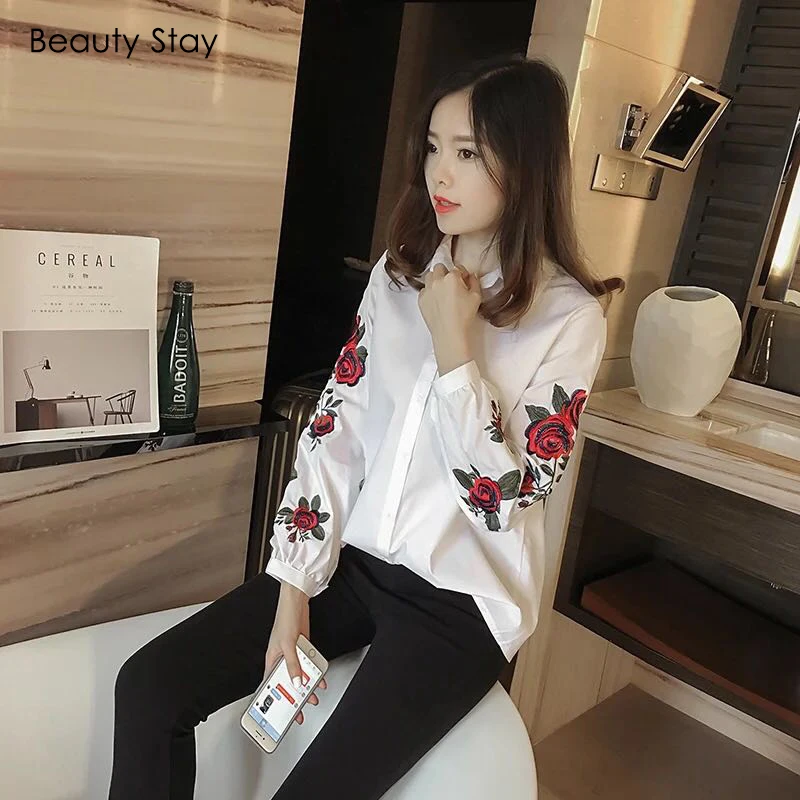 BeautyStay свободные женские блузки с цветочной вышивкой отложной воротник фонарь