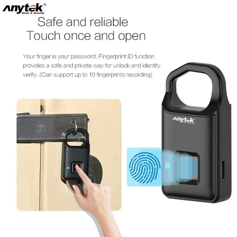 

2019 Anytek P4 Fingerprint Lock USB Rechargeable Smart Keyless Anti-Theft Padlock Suitcase Door Lock Burglar Alarm Safe Reliable