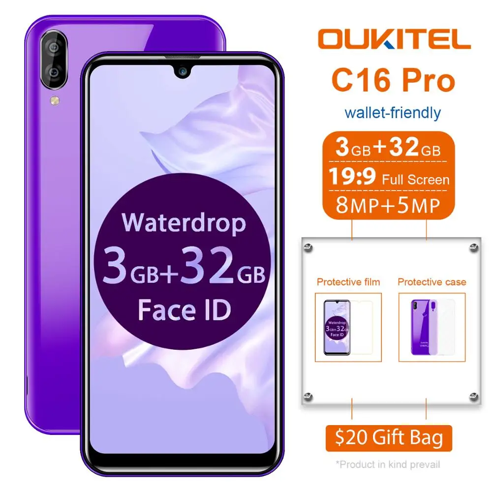 

OUKITEL C16 Pro 19:9 Waterdrop Screen Smartphone 3GB 32GB MTK6761P 5.71 Inch 2600mAh Fingerprint Face ID 4G LTE Mobile Phone