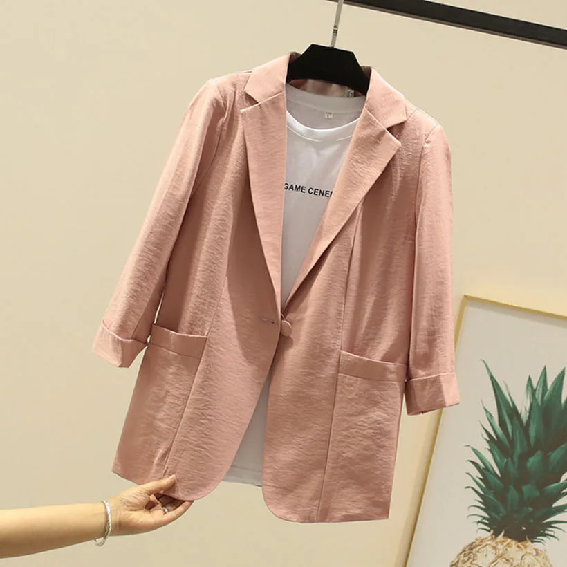 Summer Office Ladies 7-point sleeve linen women blazers and jackets small suit casual slim cotton white/pink/yellow/black Female