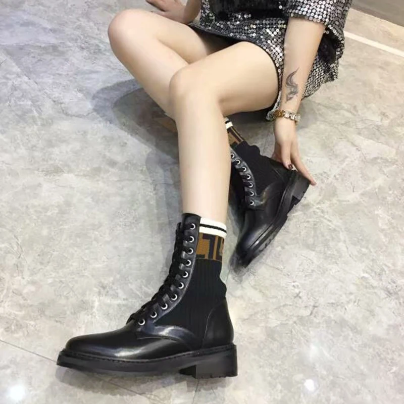 

2018Luxury Brand Genuine Leather Women Boots Winter Lace-Up High Quality Women Boots Female Thick Heel Motorcycle Women's Shoes