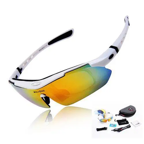 

Polarized Cycling Sun Glasses Outdoor Sports Bicycle Sunglasses Ski Goggles Eyewear Cool with Exchangeable 5 Lens White Frame