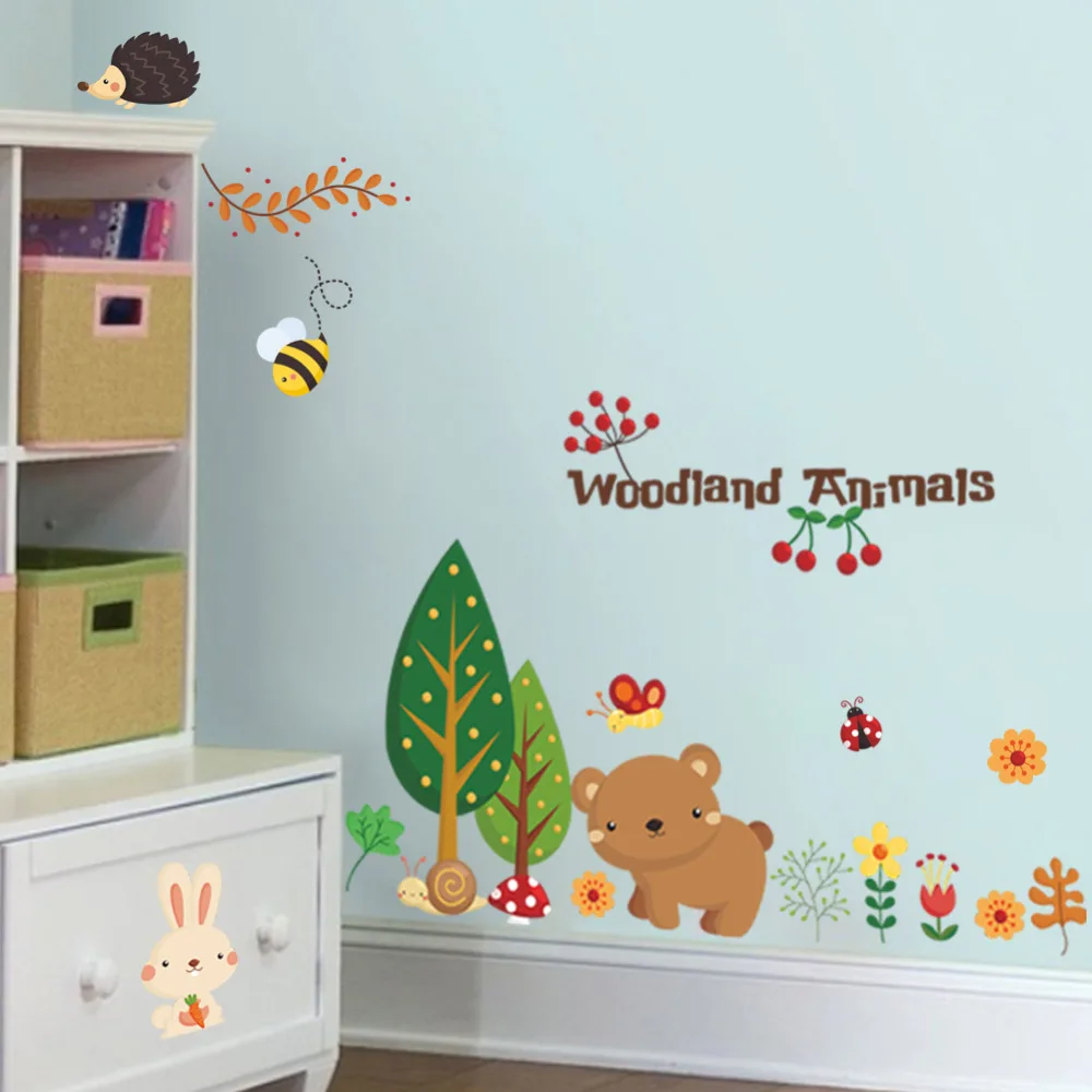 

cute woodland bear tree butterfly flower wall decals kids rooms nursery home decor cartoon animals wall stickers diy mural art