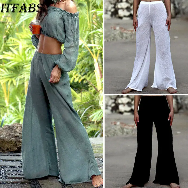 

Women Fashion Casual Comfortable Pants Solid Thin Sport Gym Daily Loose Wide Leg Elastic Waist High Waist Pants