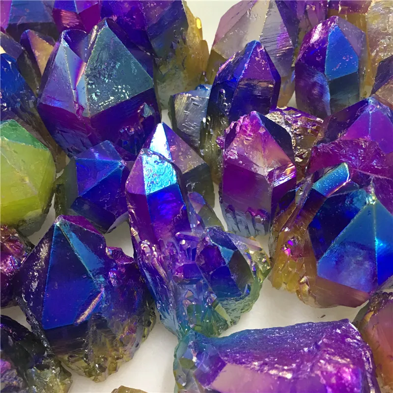 Красивый Красочный Фиолетовый Желтый Синий кварцевый кристалл Aura титановый