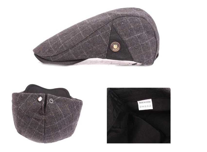 QIUBOSS Colored Plaid Plain Wool Felt Newsboy Caps for Men Autumn Winter Warm Beret Old Man Forward Hat Male Trilby Casquette