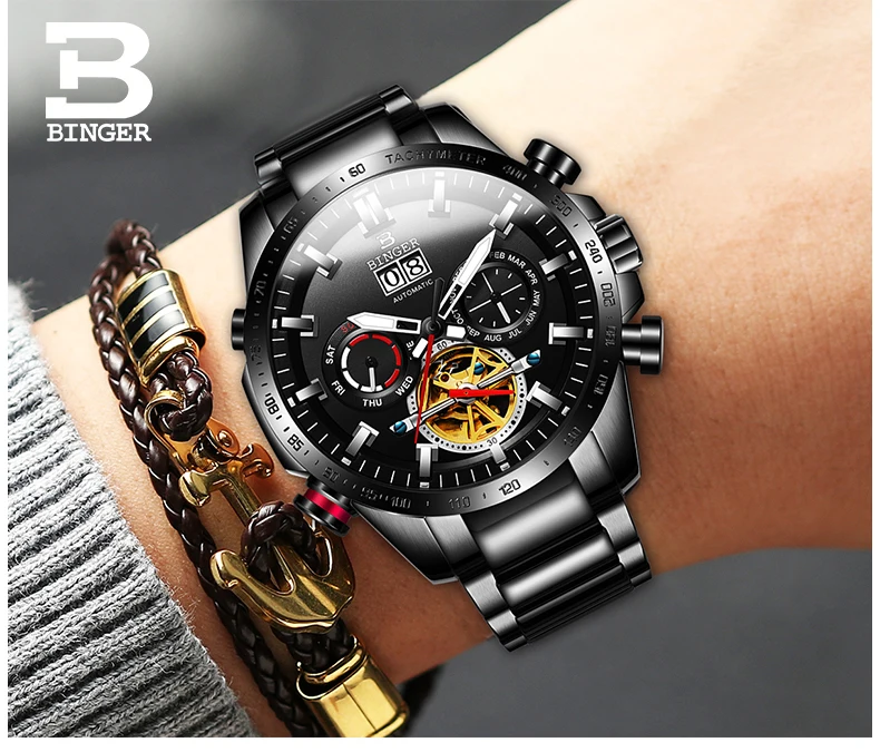 Настоящие роскошные швейцарские Бингер Брендовые мужские автоматические механические светящиеся водонепроницаемые крутые полностью стальные мужские модные часы