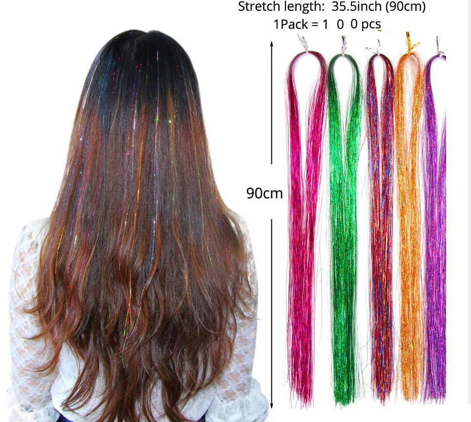 

36" 100 Strands Colorful Long Decoration Bling Rainbow Silk Hair Extensions Dazzles Sparkle Shiny Tinsel Blue Pink Purple Green