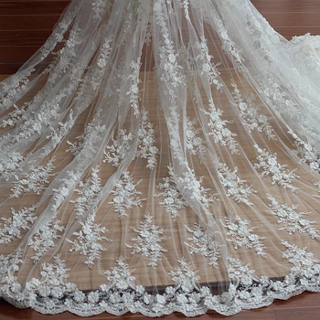 

Ivory 3D Lace Fabric Floral Sequined Pearl Beaded Wedding Lace Fabric Dress Coat Fabric 54.4Inches Wide 1 Yard